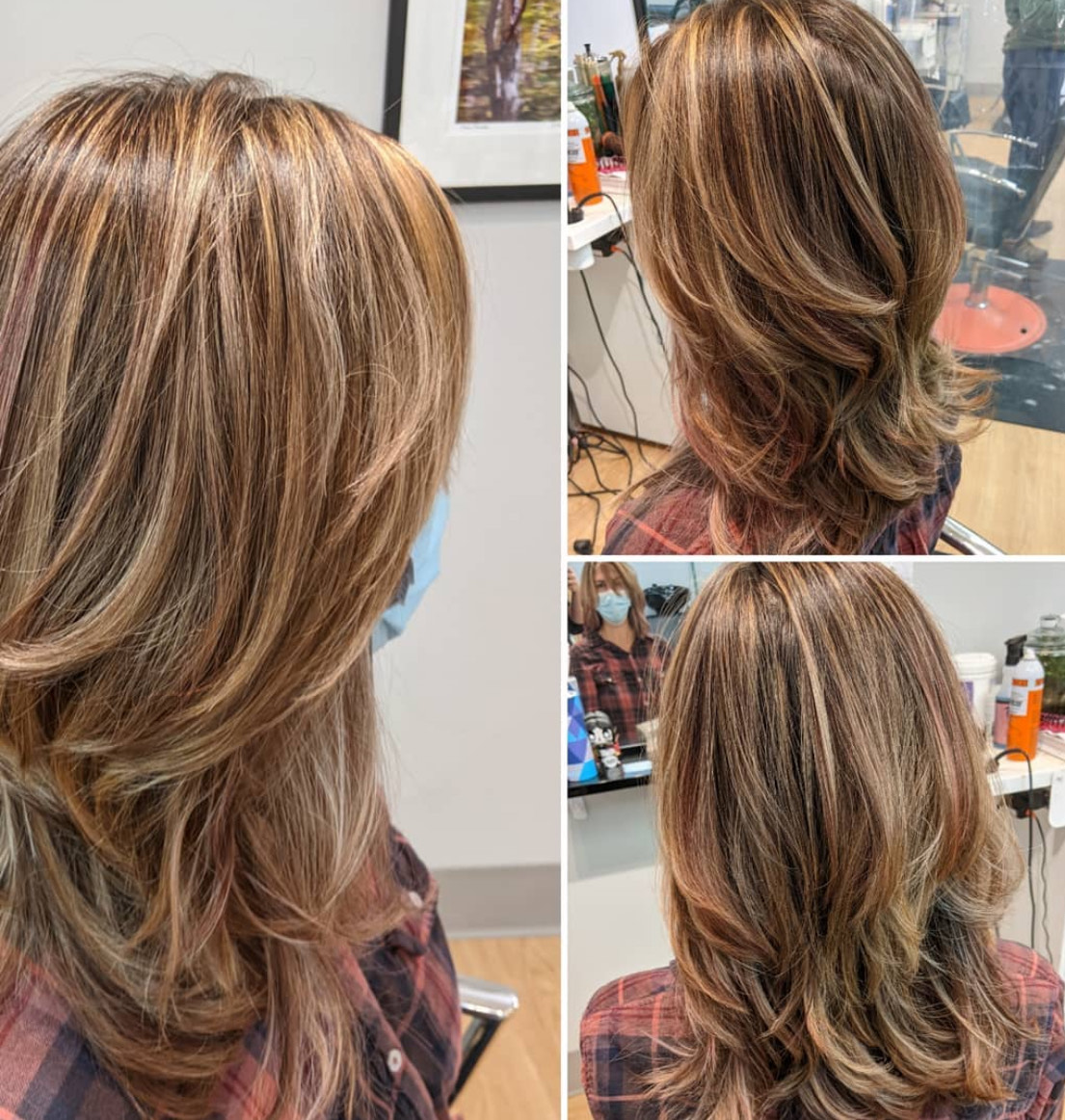 Styled long brown hair with highlights